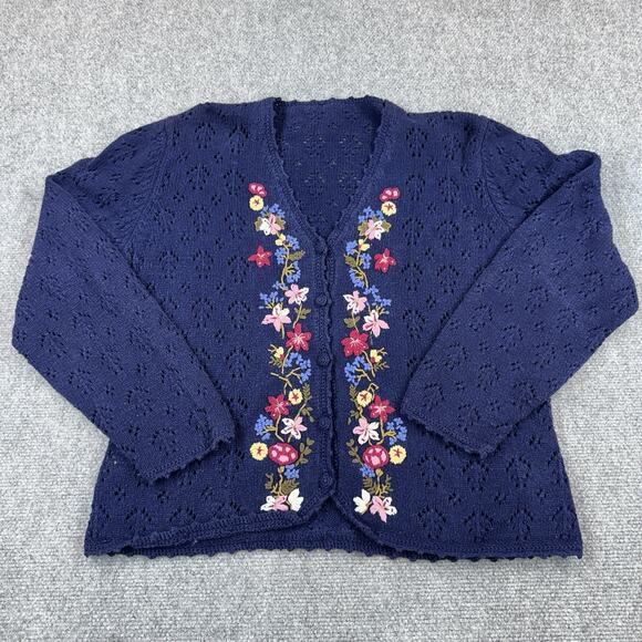 Navy Blue Knit Floral Cardigan Button Down Size Medium Boho Flowers - Picture 1 of 9